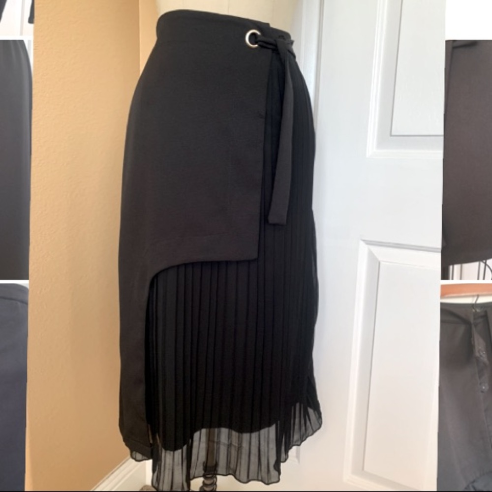 Asymmetric pleated crepe midi skirt